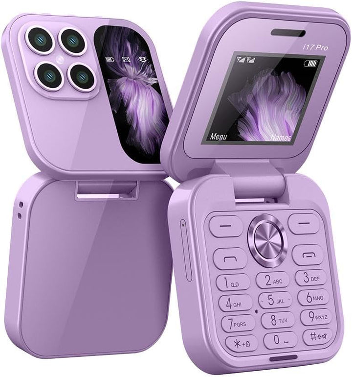Sleek black unisex foldable mini phone. Compact and stylish for everyday use or travel.