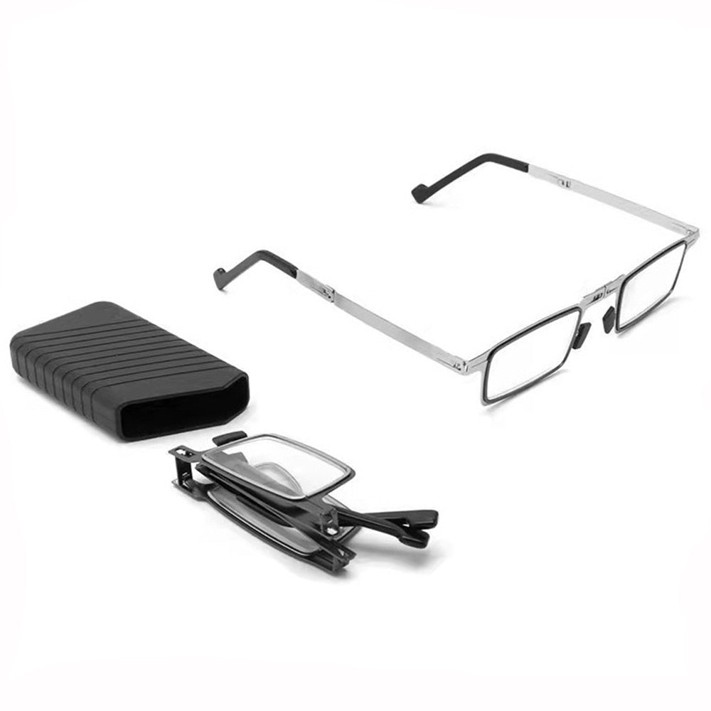 Portable reading glasses with a secure folding mechanism and stylish silver frame.