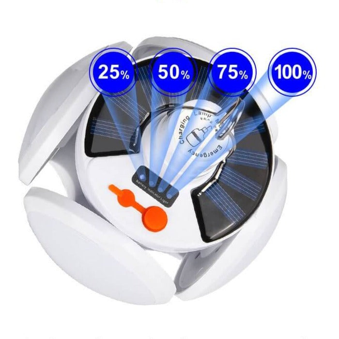 Foldable solar LED lantern bulb. Energy-efficient portable light for camping, outdoor activities, USB rechargeable.