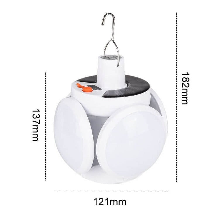 Bright foldable solar LED bulb. Portable, rechargeable camping light for outdoor use, hiking & emergencies.