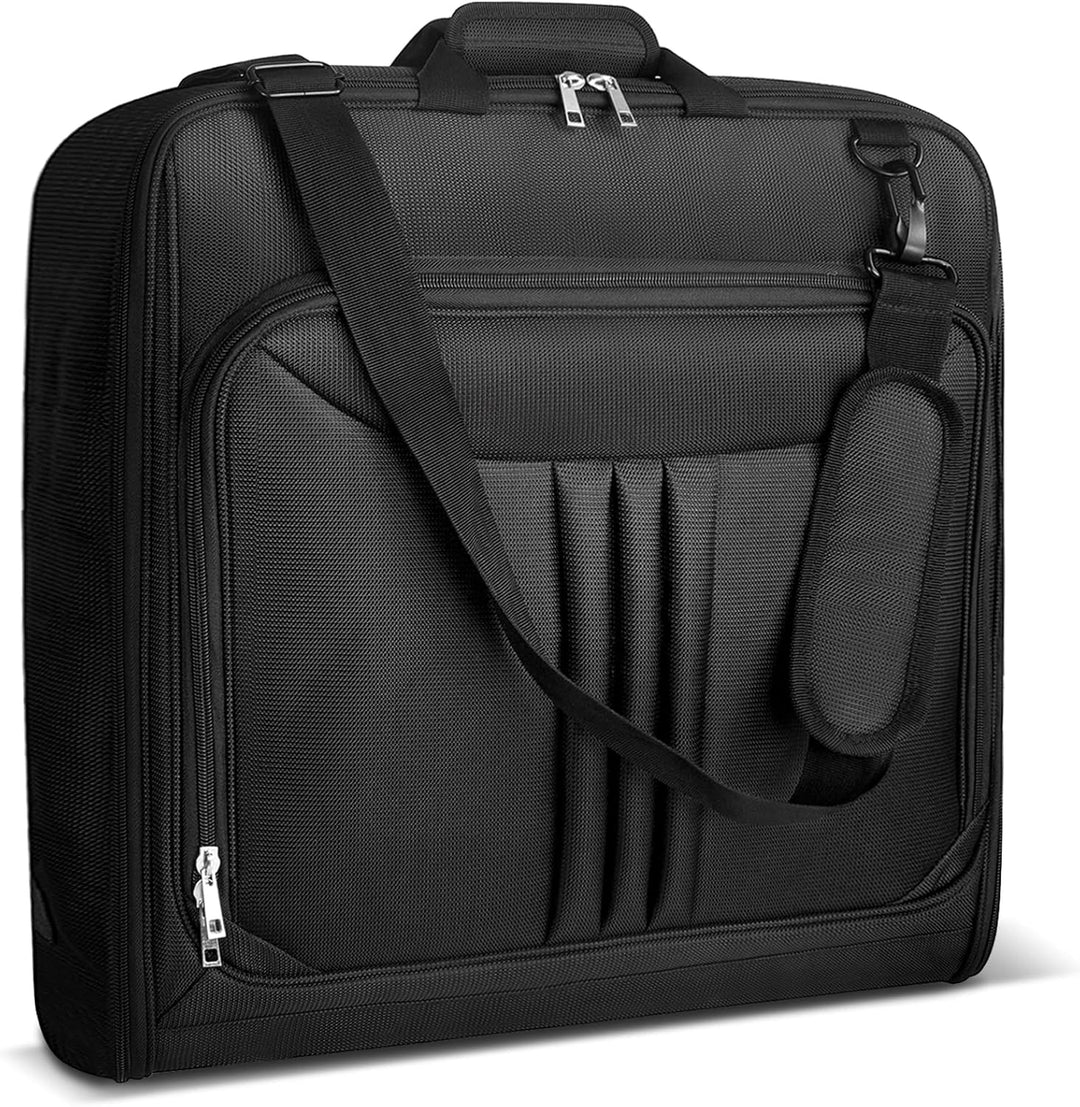 Foldable waterproof garment bag for carry-on travel, keeping suits wrinkle-free.