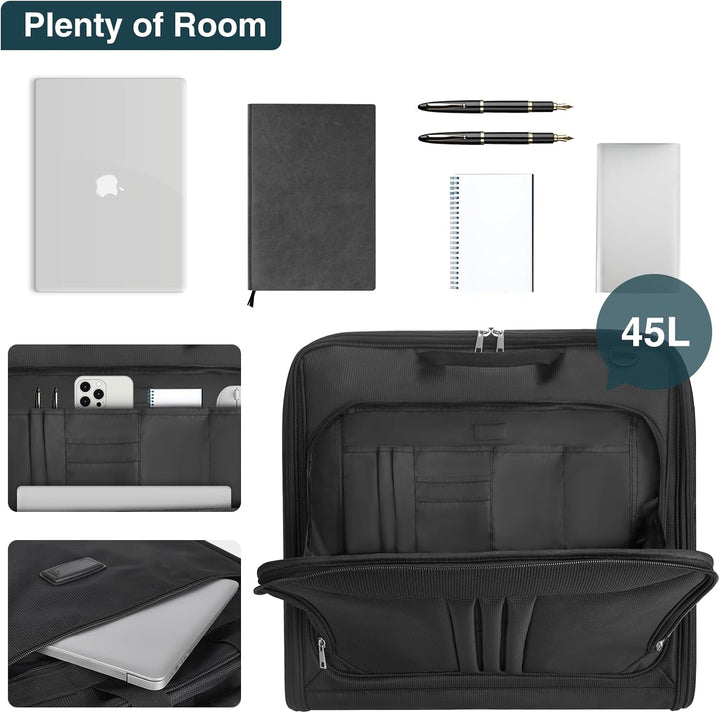 Spacious foldable garment bag designed to protect suits during air travel.