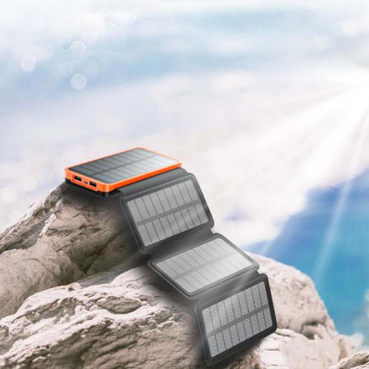 Rugged folding waterproof solar power bank. Dependable outdoor charger for hiking & emergencies.