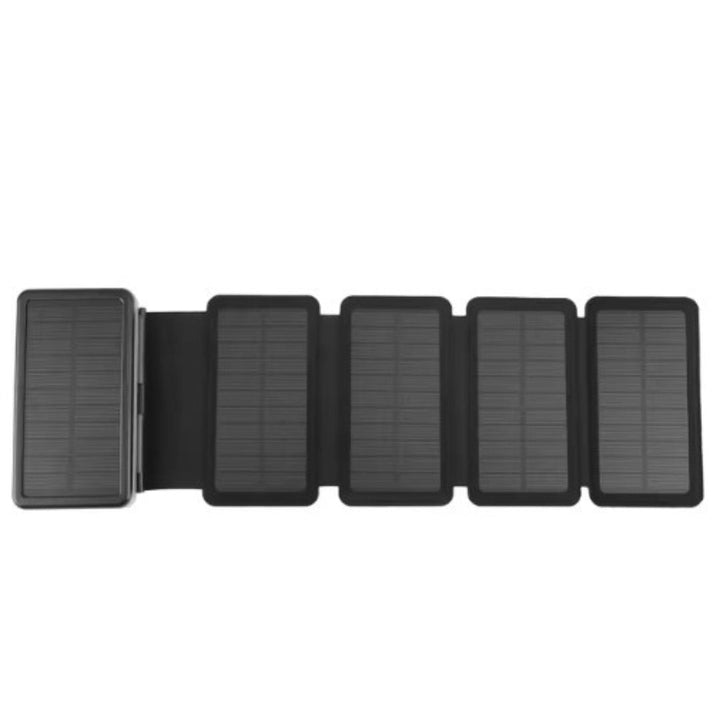 Compact folding solar power bank for hiking, camping & travel. Waterproof USB charger.