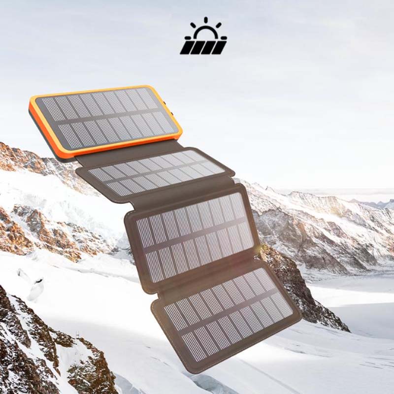 Portable & waterproof folding solar power bank. USB charger for phones, tablets & outdoor devices.