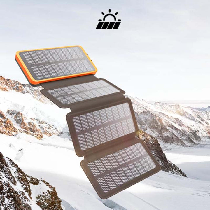 Portable & waterproof folding solar power bank. USB charger for phones, tablets & outdoor devices.