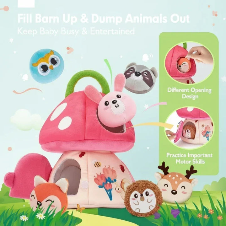 Close-up of a children's sensory forest plush toy, highlighting its soft textures for calming tactile play.
