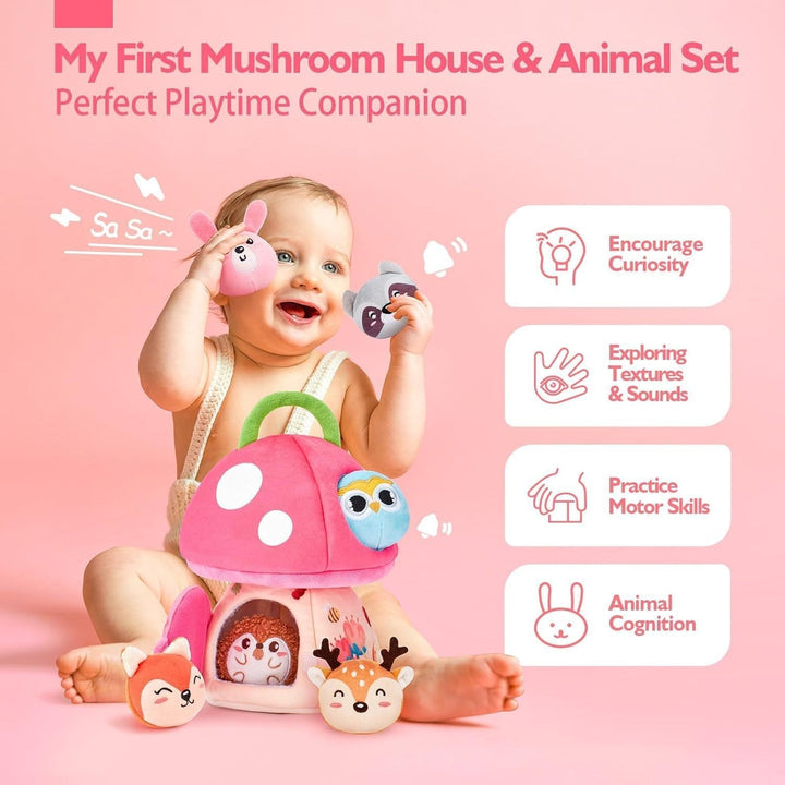 Children exploring a soft forest-themed plush sensory toy, perfect for quiet play and comfort. Ideal kids gift.