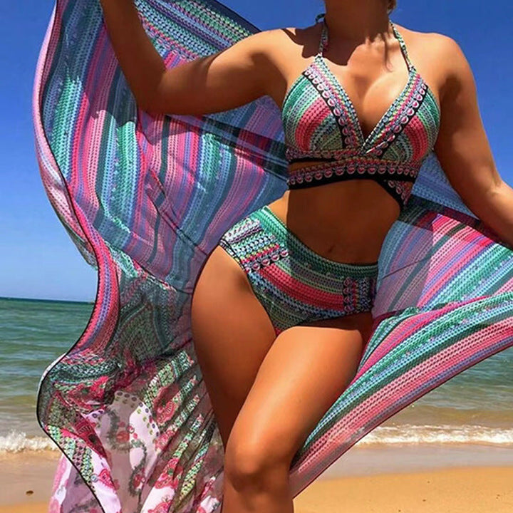 Summer women's 3-piece bikini swimsuit: high-waisted bottoms, bikini top, and ethnic print kimono cover-up beachwear.
