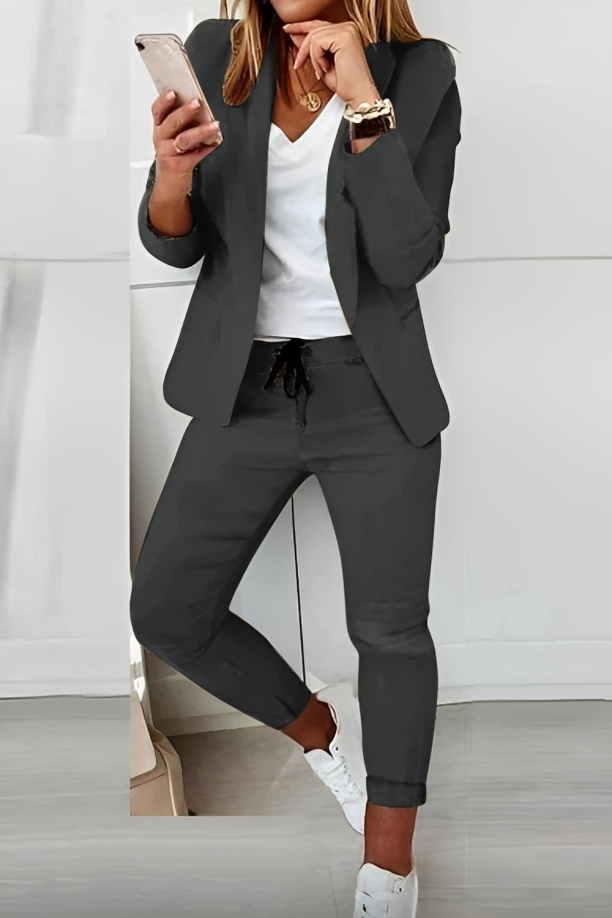 Francesca | Women's Casual Blazer and Pants Set - Black - Image 3