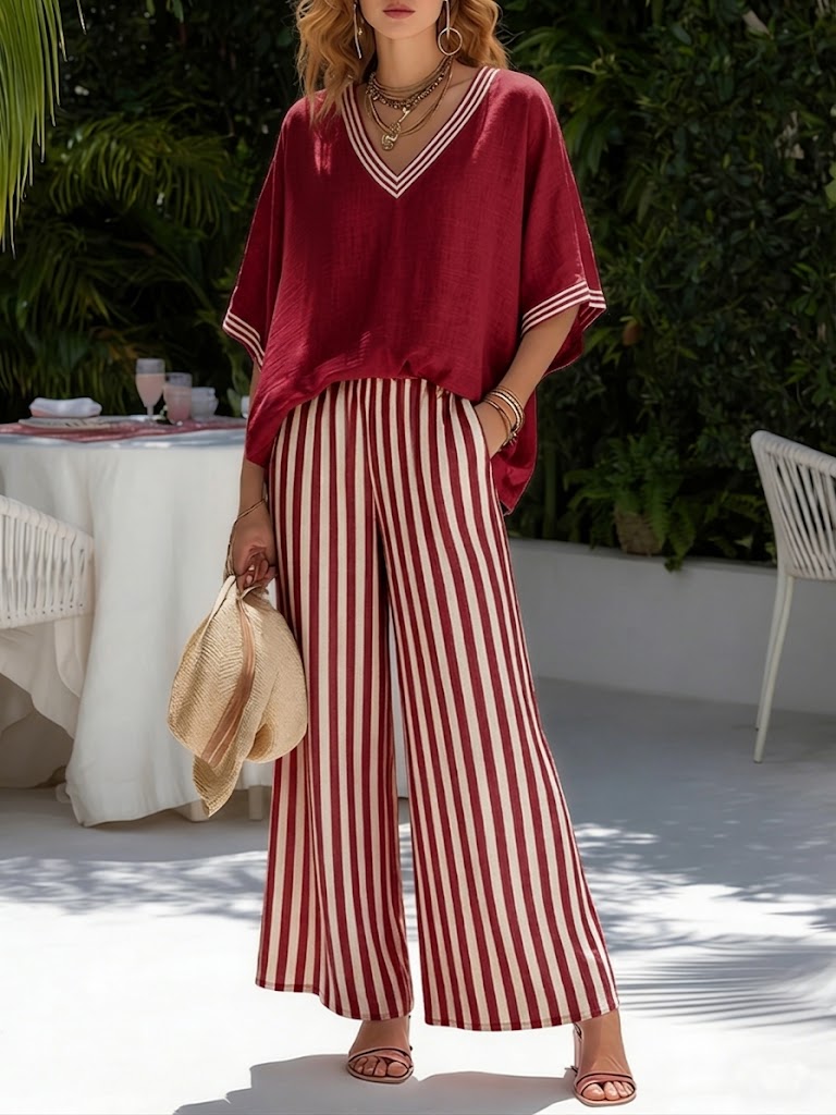 Francine | Women's Striped V-Neck Top Wide Leg Pants Set - Striped - Image 1