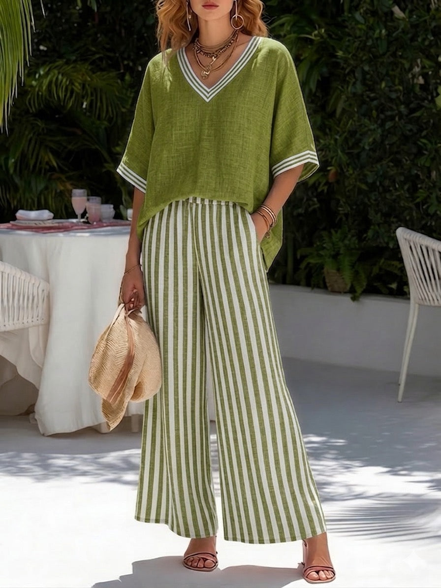 Francine | Women's Striped V-Neck Top Wide Leg Pants Set - Striped - Image 5