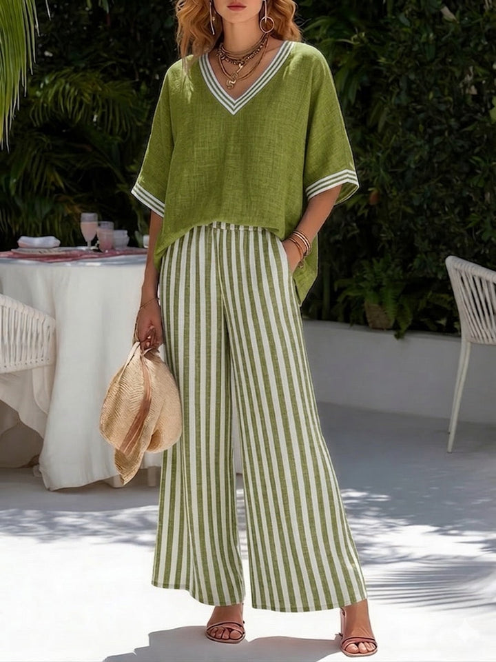 Francine | Women's Striped V-Neck Top Wide Leg Pants Set - Striped - Image 5