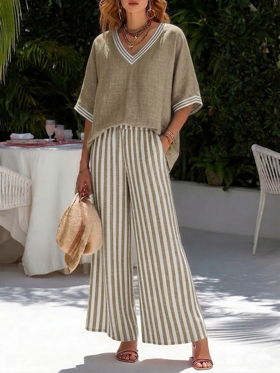 Francine | Women's Striped V-Neck Top Wide Leg Pants Set - Striped - Image 7
