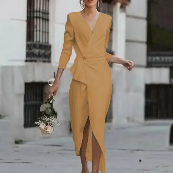 Stylish women's long sleeve wrap midi party dress in khaki. Ideal for special occasions, evening events, or cocktails.