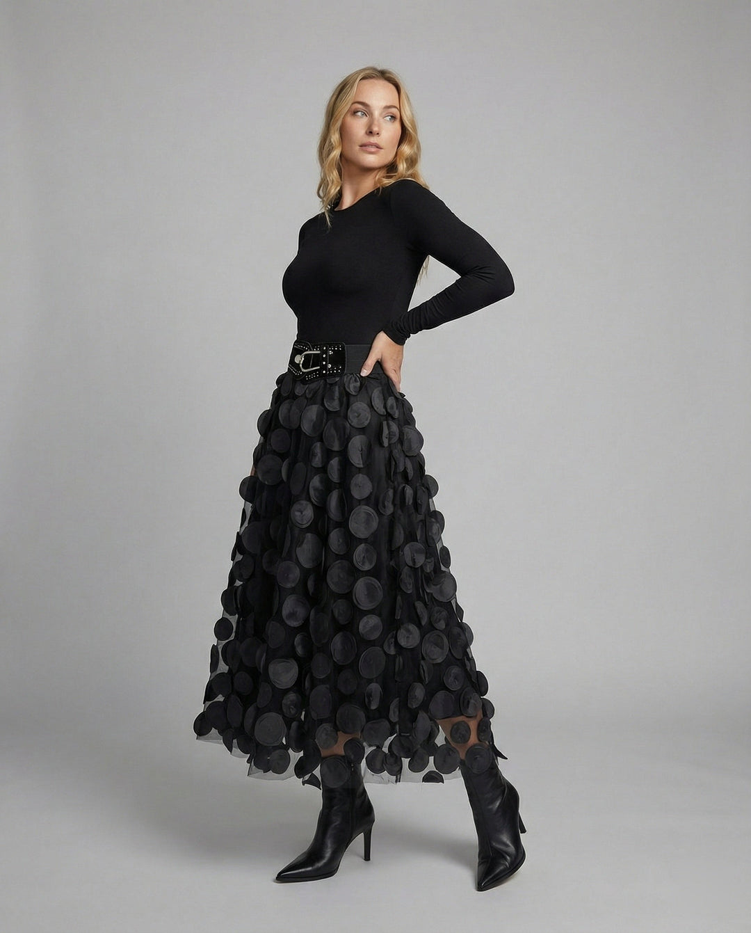 Elegant high-waist textured polka dot midi skirt for women's fashion.