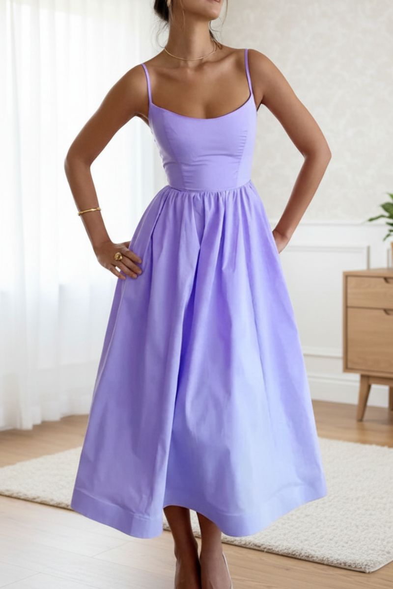 Purple women's elegant A-line midi dress, square neck. Ideal for cocktail parties, wedding guests, formal.