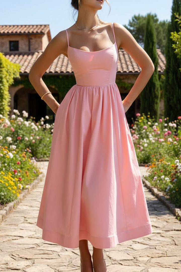 Elegant A-line midi dress, square neck. Versatile women's formal or cocktail party wear, great for summer.