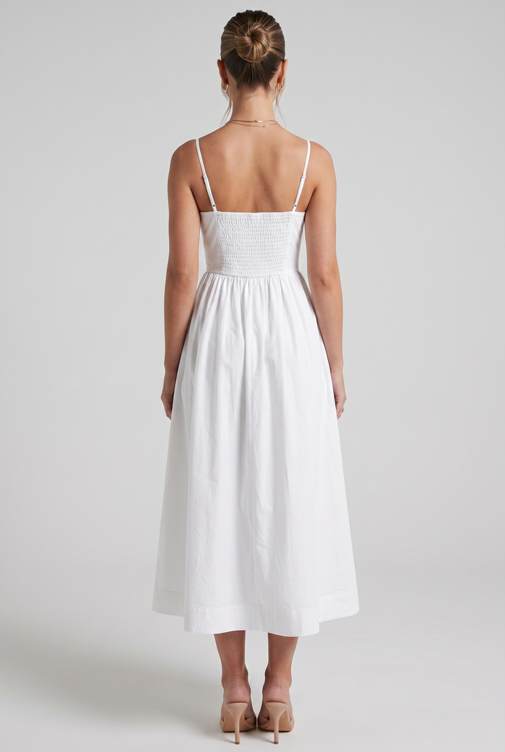 White women's elegant A-line midi dress with square neck, ideal for summer parties & formal events.