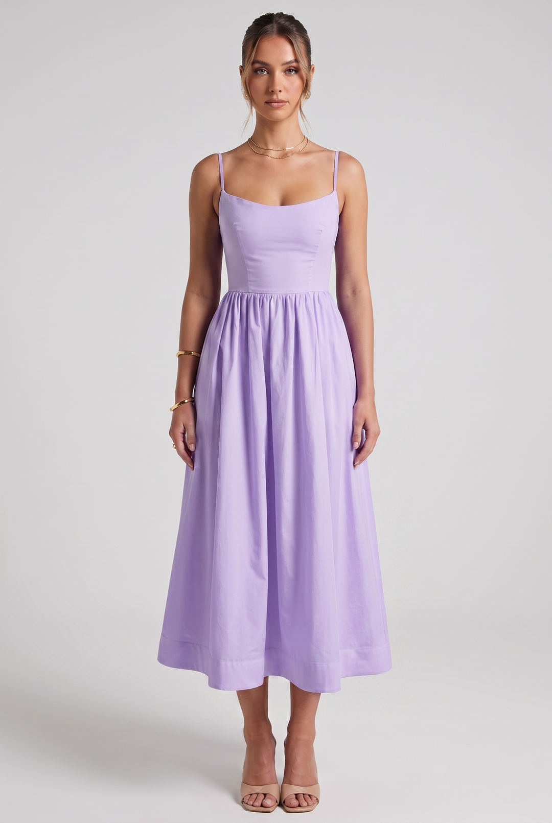 Purple A-line midi cocktail dress, square neck, sleeveless. Perfect for wedding guests & occasion wear.