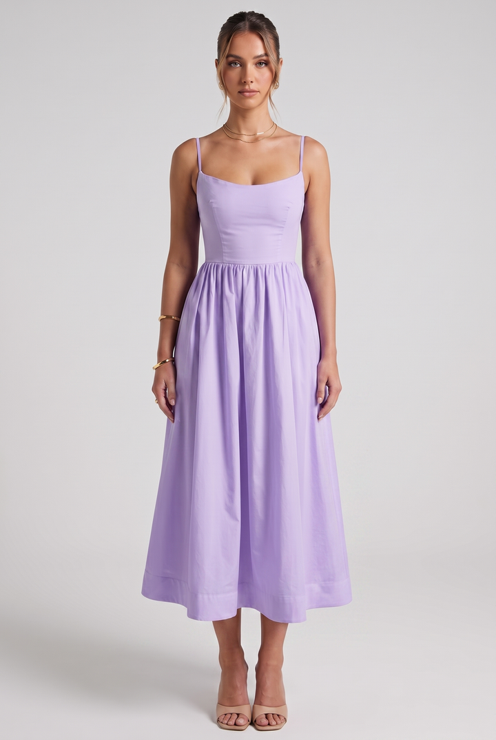 Purple A-line midi cocktail dress, square neck, sleeveless. Perfect for wedding guests & occasion wear.