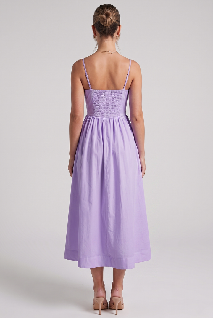 Pink women's elegant midi dress, A-line cut, square neck. Stylish party wear or wedding guest attire.