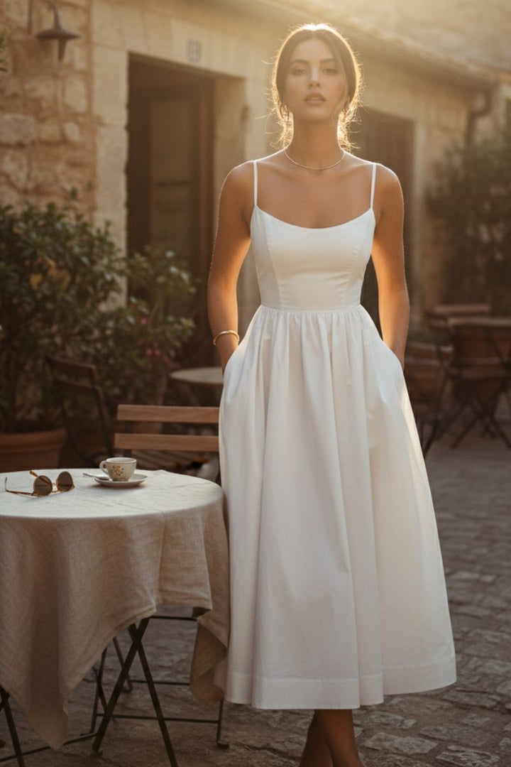 Elegant women's A-line midi dress, square neck & sleeveless design. Perfect for summer, cocktails & formal events.