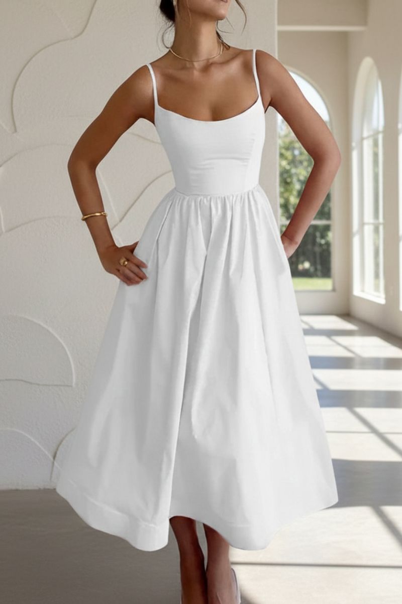 Women's elegant A-line midi cocktail dress, square neck. Perfect for party, wedding guest & formal wear.
