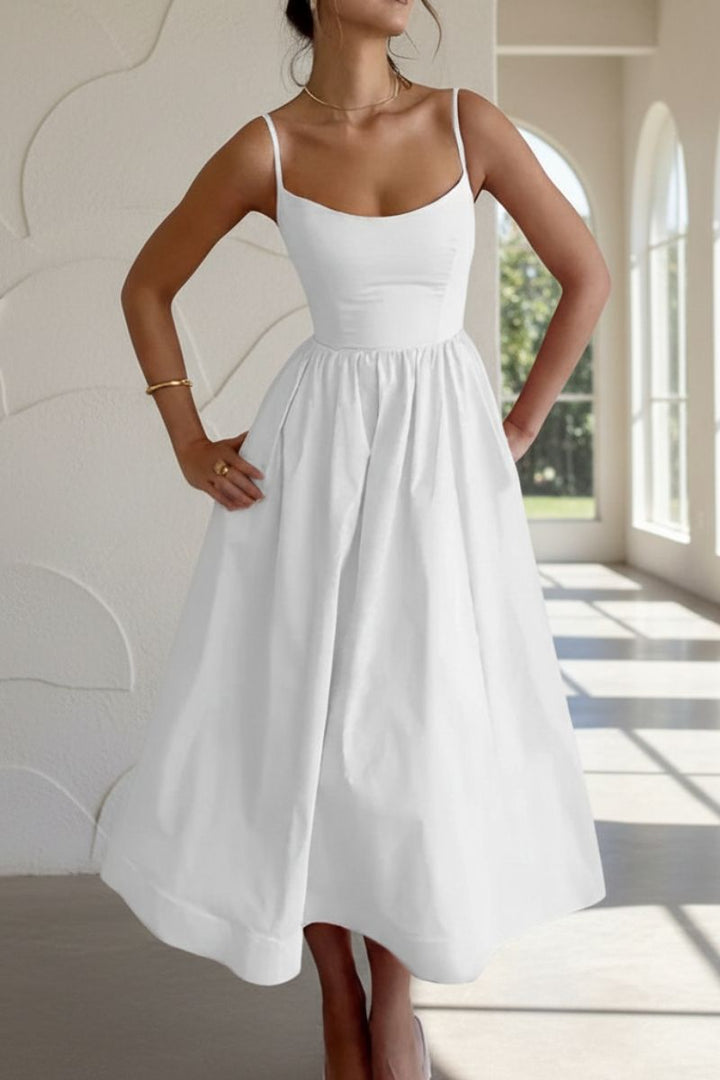 Women's elegant A-line midi cocktail dress, square neck. Perfect for party, wedding guest & formal wear.