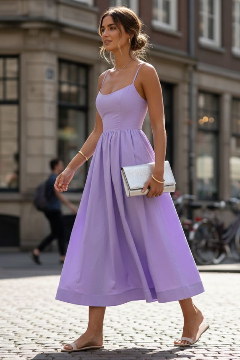 White A-line midi dress with square neck, elegant & sleeveless. Perfect for summer parties & formal occasions.