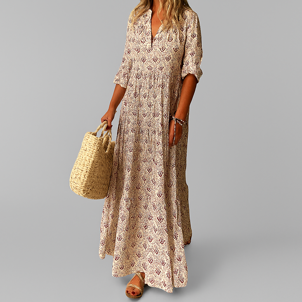 Women's relaxed boho print V-neck maxi dress, perfect for beach, summer, or casual wear.
