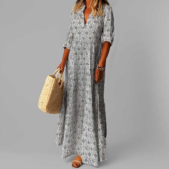 Comfortable women's relaxed fit V-neck print maxi dress, a stylish choice for summer & casual days.