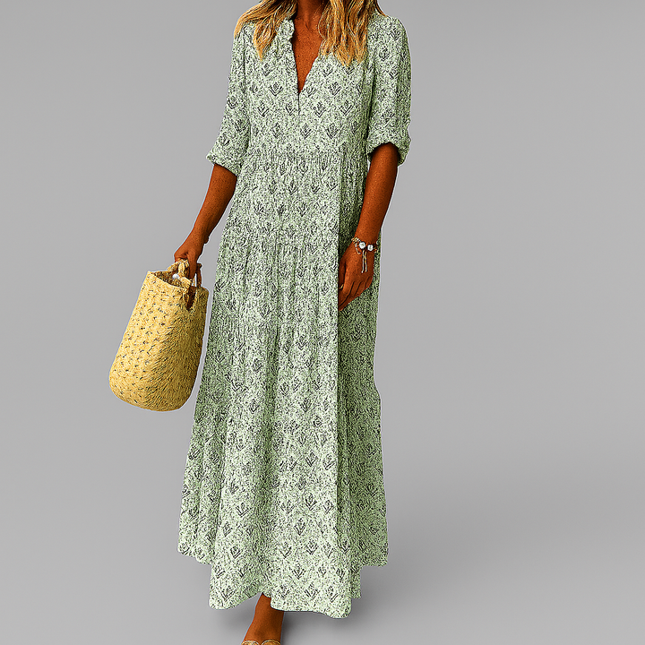 Long bohemian style V-neck print maxi dress for women, great for beach days, summer, and resort.