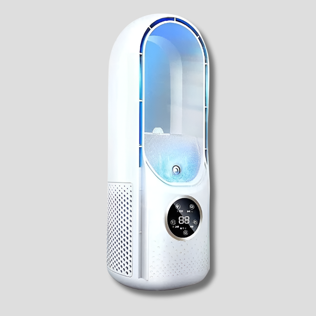 White & blue portable air conditioner for personal cooling in home or office. Ideal for small spaces.