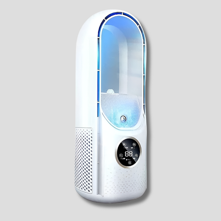 White & blue portable air conditioner for personal cooling in home or office. Ideal for small spaces.