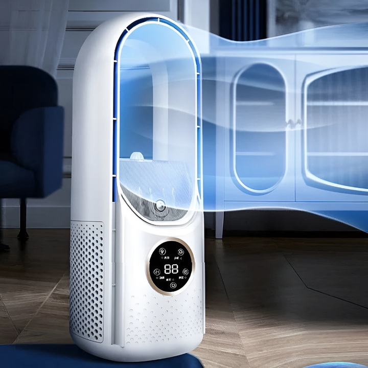 Bladeless portable fan in white and blue, delivers quiet, personal air cooling for desk or bedside.