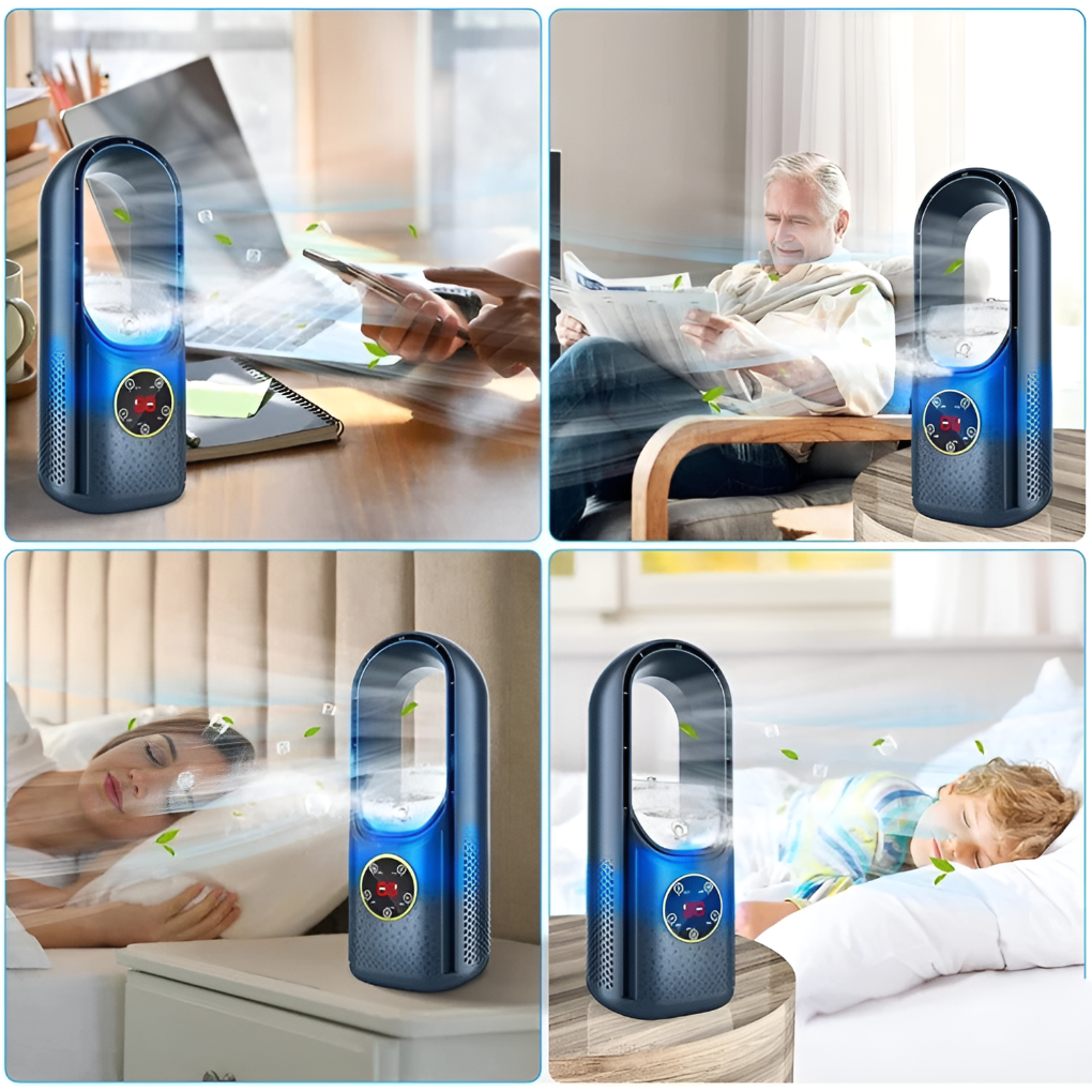Portable air conditioner, white & blue design, ideal for personal space cooling in a home office or bedroom.