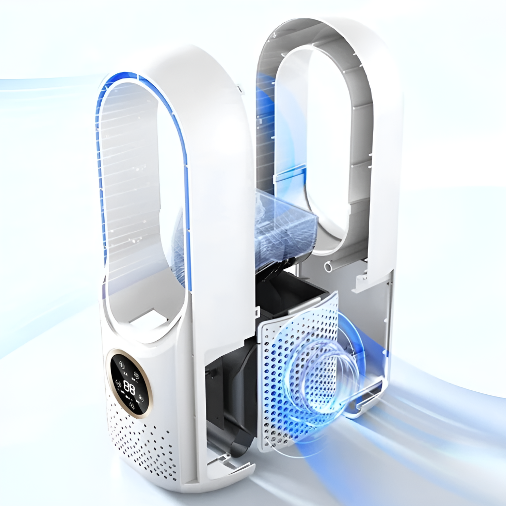 Quiet portable fan, white & blue, offers refreshing personal cooling for any tabletop or small living area.