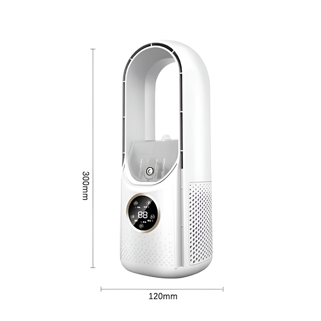 Efficient white & blue portable air cooler, quiet operation for personal space cooling at home or work.