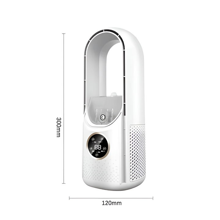 Efficient white & blue portable air cooler, quiet operation for personal space cooling at home or work.