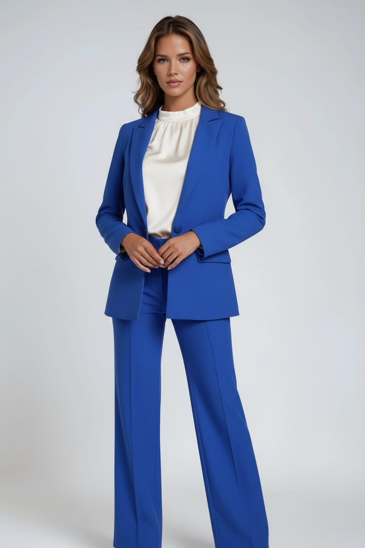 Beautifully tailored women's blazer and wide leg trousers co-ord set, exuding professional elegance.
