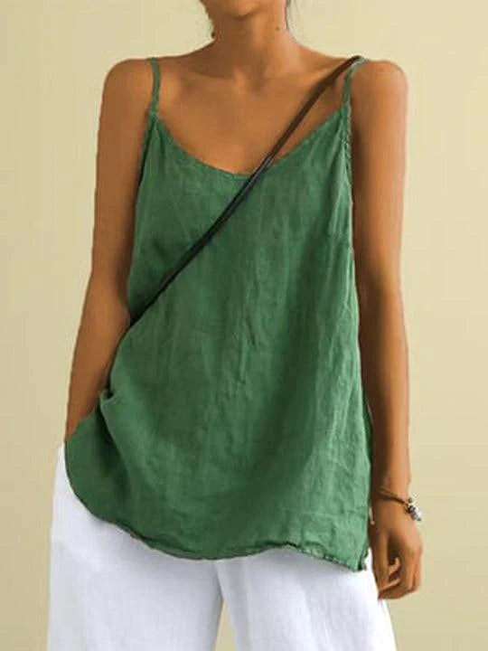 Relaxed fit women's V-neck cami tank with spaghetti straps, ideal versatile layering piece for warm weather.