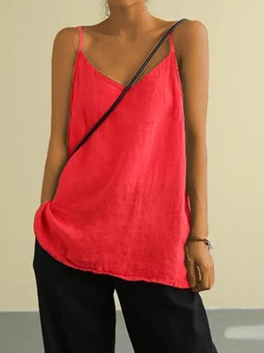 Stylish women's V-neck spaghetti strap cami, a comfortable and casual tank top for warm weather.