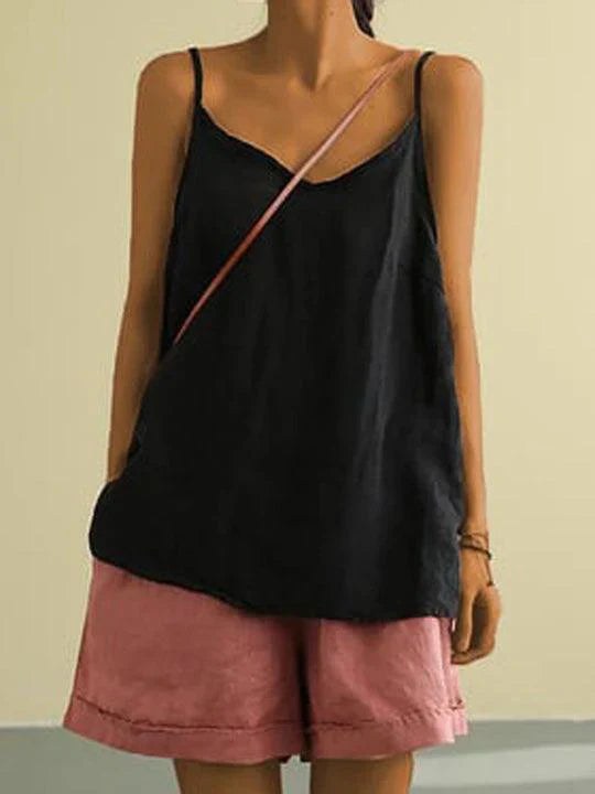 Elegant women's V-neck cami top featuring delicate spaghetti straps, perfect for a chic summer look.