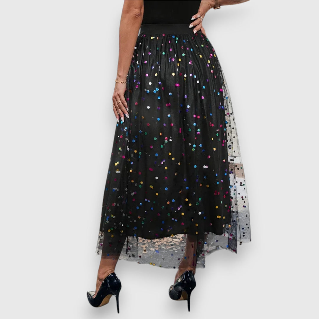 Elegant women's polka dot midi skirt, a sophisticated A-line silhouette for party or evening events.