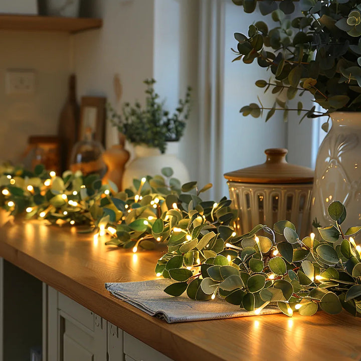 Elegant olive branch LED string lights. Perfect cordless, battery-operated decor for indoor ambiance and home.