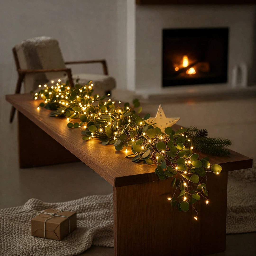 Warm white LED olive branch lights, battery operated and cordless. Ideal decorative indoor lighting for home decor.