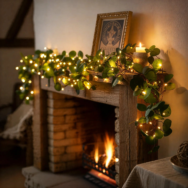 Indoor decorative LED olive branch string lights providing a warm white, cordless glow. Great for any room.