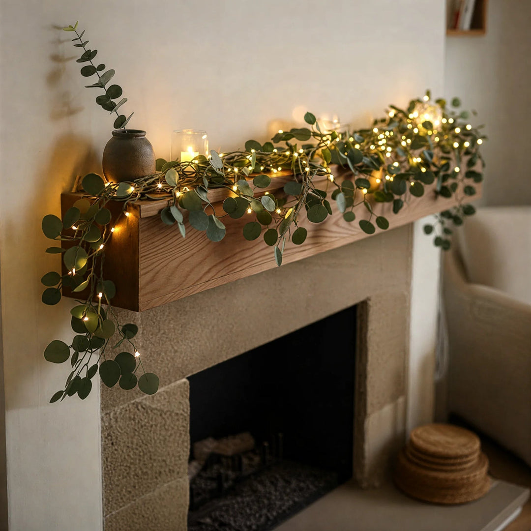 Beautiful battery-operated LED olive branch string lights. Cordless and warm white for inviting home lighting decor.