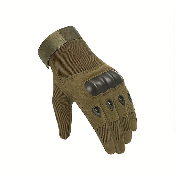 Army green full finger tactical gloves, unisex, built for enhanced grip, protection, and outdoor durability.